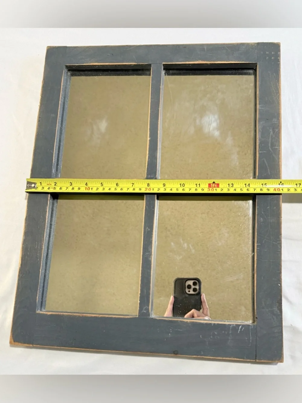 VTG Rustic Farmhouse Windowpane Mirror Distressed Dark Gray Wood Frame 20”x 16”